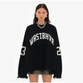 Women's Letter Printing Knit Sweater Fashion O-neck Distressed Hem Oversized Pullover Lady Autumn Casual Streetwear Tops