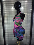 Sparkly Colorful Rhinestones Women Sexy Halter Backless Off the Shoulder Mesh Bodycon Mini Dress Celebrate Nightclub Party Wear