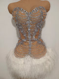Diamonds Mesh Sexy See Through Cocktail Mini Dress Women Eveing Luxury Birthday Party Singer Nightclub Show Stage Costume