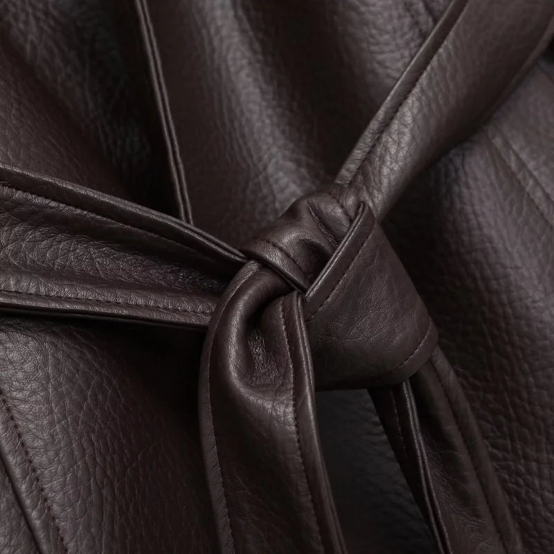 Women's Chic Lapel Oversized PU Leather Jacket Casual Full Sleeve Drop Shoulder Belted Coat Lady 2026 Spring Chic Streetwear