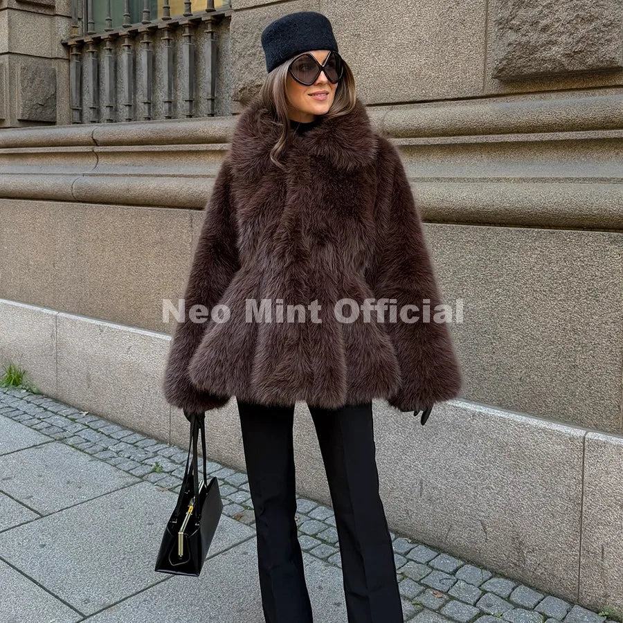Trendy 2026 Winter Hot Chocolate Brown Peplum Fur Jacket Women Vintage Fashion Fluffy Faux Fox Fur Coat Long Outerwear