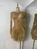 Sparkly Rhinestones Fringes Tight Bodysuit Women Sexy Mesh See Through Performance Stage Outfit Luxury Birthday Party Wear