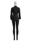 Washed Distressed Jumpsuit Women Ribbed V-Neck Solid SKinny Long Sleeve Fall Casual Trend Simple Activity Streetwear