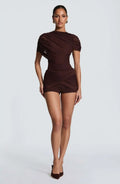 Ladies Bodycon Mesh Ruched Romper Asymmetric Draped Shoulder Mock Neck Short Jumpsuit Slim Fit Wrap Hem Cocktail And Clubwear