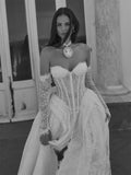 Custom Strapless Corset Lace Wedding Dress Sheer Long Sleeve A Line Bridal Gown Elegant Sweep Train Formal Evening Outfit