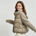 Women Cropped Puffer Jacket Stand Collar Cable Knit Sleeves Patchwork Zip Up Lightweight 2026 Lady Quilted Winter Warm Outerwear