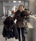 Women Short Belted Puffer Jacket Large Faux Fox Fur Collar Waist Tie Puff Sleeve Thick Warm Coat Winter Elegant 2026 Streetwear