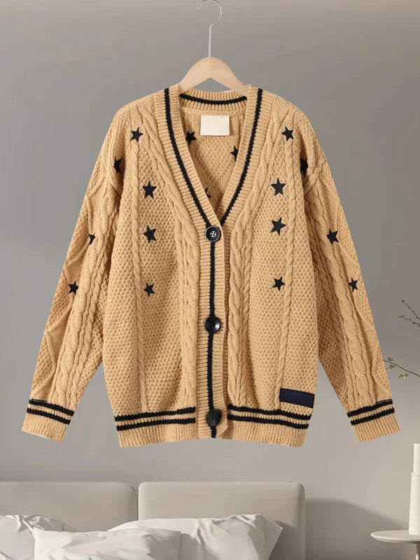 Printed V-neck Knit Cardigan Women Fashion Color Blocked Single Breasted Full Sleeve Sweater Cardigan Female Fall Chic Knitwear
