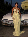 Sexy Yellow Chiffon Halter Maxi Dress Lady Chic Hollow Out Backless Lace Up Sleeveless See Through Robe Female Spring Party Wear