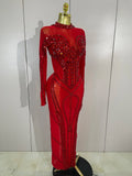 Women Sparkly Full Rhinestone Sequin Sheer Long Dress Sexy Fashion Club Party Birthday Nightclub Drag Queen Dancer Stage Costume