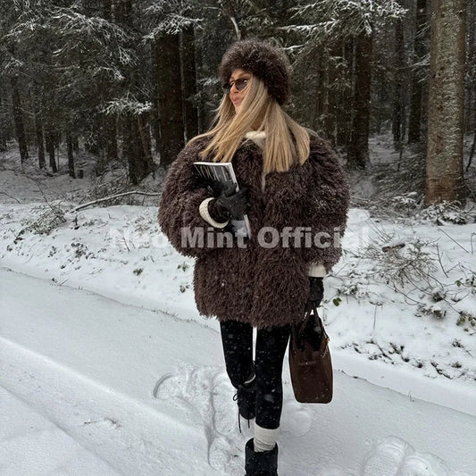 Winter 2026 Hot Chocolate Fluffy Chunky Sheep Fur Coat Women Oversized Overcoat Outerwear Ins Street Fashion Fur Jacket