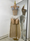 Women Sexy Straplss Crystals Diamonds Feather Luxury Party Dress Designer Mesh Transparent Performance Stage Outfit
