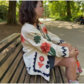 Colorful Flower Printed Pattern Cardigan Women O Neck Long Sleeves Patch Pockets Loose Short Coat Women Daily Commute Outwear