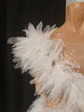 Elegant Off The Shoulder White Mesh See-Through Mini Dress Eveing Party Birthday Sexy Sparkly Rhinestone Nightclub Stage Costume