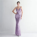 Women Strap Party Maxi Dress Sexy V Neck Evening Dress Celebrity Purple Sequin Dress Long Prom Formal Occasion  Dress