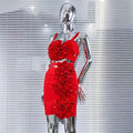 Summer 3D Bud Glam Hollow Red Suspender Dress Fashion Hot Party Performance Evening Gown Show Costumes Abito Da Cerimonia Donna