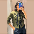 Women Woven Patchwork Napoleon Jacket Shoulder Pad Long Sleeve Hook Closure Street Blazer 2026 Spring Chic Casual Edgy Crop Coat