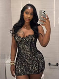 Jacquard Double Deck Dress Party Women Y2K Sexy Lace Spaghetti Strap Body-Shaping Nighclub Summer Trend Mini Bodycon