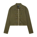 Green Napoleon Short Jeans Jacket Women's Chic Stand Collar Long Sleeve Zipper Crop Coat 2026 Lady Fall New Daily Street Outwear
