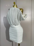 Women White Off The Shoulder Mesh Eveing Party Birthday Prom Nightclub Costumes Elegant Puff Sleeve Ruched Bodycon Mini Dress