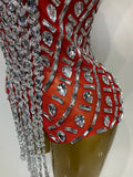 Sparkly Rhinestones Tassels Black Red Bodycon Bodysuits Nightclub Performance Stage Outfit Luxury Birthday Photo Shoot Clothing