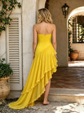 Fashion Yellow Pearl Bead Irregular Draped Dress Women Elegant Strapless High Waist Vestido Summer Lady Club Gowns