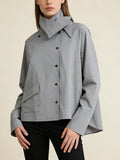 Minimalist Casual Style Gray Oversized Shirt for Women Stand Collar Long Sleeve Buttons Accent for Office Commute