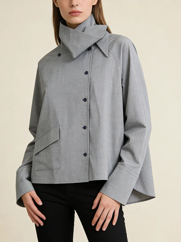 Minimalist Casual Style Gray Oversized Shirt for Women Stand Collar Long Sleeve Buttons Accent for Office Commute