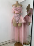 Sexy Top Skirt Mesh Designer Women's Outfit Two Pieces Backless Evening Party Birthday Dress Nightclub Stage Performance Costume