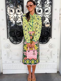Bow Tie Neck Women Floral Print Set Long Puff Sleeve Cuff Trim Loose Blouse Vibrant Ethnic Midi Skirt Straight Hem Street Daily