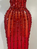 Luxury Sparkly Red Diamond Sexy Strapless Mesh See Through Long Dress Evening Party Birthday Nightclub PhotoShoot Stage Costumes