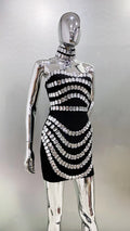 Sparkly Big Crystal Women Sexy Strapless Bodycon Mini Bandage Dress Necklace Celebrate Nightclub Party Photo Shoot Wear