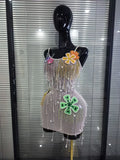 Women Sexy Strap Mesh See Through Shining Diamond Chain Bodycon Mini Dress Nightclub Party Celebrate Cocktail Wear