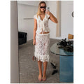Sexy Women Black Lace Sleeveless 2 Piece Set Elegant High Neck Halter Cutout High Waist Sheer Midi Skirt Sets 2026 Club Outfits