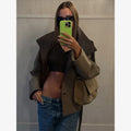 Grey Contrast Cropped Trench Coat Women Lapel Double Breasted Jacket Lady Autumn Winter Daily Lady Streetwear Outerwear 2026 New