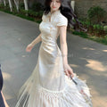 Chinese Traditional Dress Slim Tassel Splicing Jacquard Waist Cinched Cheongsam Qipao Summer Fairy Beautiful Women's Clothing