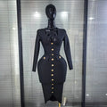 High Quality Women Long Sleeve Sexy V-Neck Buttons Bodycon Midi Bandage Dress Officelady Fashion Evening Party Clothing