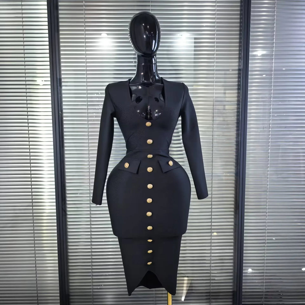 High Quality Women Long Sleeve Sexy V-Neck Buttons Bodycon Midi Bandage Dress Officelady Fashion Evening Party Clothing
