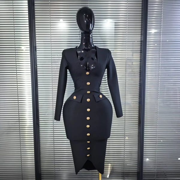 High Quality Women Long Sleeve Sexy V-Neck Buttons Bodycon Midi Bandage Dress Officelady Fashion Evening Party Clothing