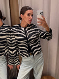 Women Round Neck Zebra Striped Zip‑Up Jacket Long Sleeve Zebra Print Cropped Faux Leather Loose Casual Streetwear Outerwear Coat