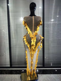 Pink Golden Women Sexy Mesh See Through Bodycon Long Dress 3D Leaves Celebrate Birthday Photoshoot Performance Costumes Wear