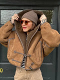 Women's Brown patchwork Hooded Jacket With Faux Fur Lining Fashion Horn Button Bomber Coat Lady Winter Casual Outerwear