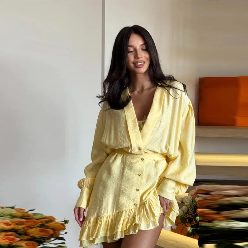 Elegant Asymmetric Cascading Ruffles Mini Dress Women Loose Solid V-neck Full Sleeve Button Summer Dresses  Lady Robes New
