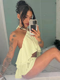 Ruched Elegant 2 Piece Set Woman Tierred Design Halter Backless Irregular Tops+Mini Shorts Beach Party Style Suits