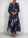 Floral Print Shirt Maxi Dress for Women Point Collar Long Lantern Sleeve Button Front Detachable Buckle Belt Sheer Chiffon