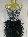 Women Sexy Elegant Evening Party Luxury Birthday Photo Shoot Performance Costume Sparkly Rhinestone Feather Mesh Long Dress