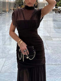 Solid Slimming Spliced Folds Dress for Women O Neck Sleeveless Elegant Temperament Dresses Female Summer Fashion