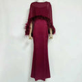 Formal Feather Cape Sleeve Maxi Dress for Women O Neck Spaghetti Strap Floor Length Long Evening Prom Cocktail Party Gown