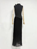 Sexy Stand Collar Flowers Pleated Patchwork Long Dress Women Sleeveless Folds Slim Elegant Dresses Evening Party Gowns