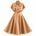 Satin Two Piece Sets for Women Bow Tie Mock Neck Blouse High Waist Flared A‑Line Maxi Skirt for Formal Banquet Party Wear